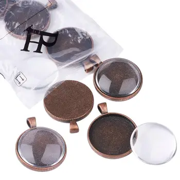 

Tibetan Style Nickel Free Pendant Cabochon Settings and Clear Circle Domed Glass Cabochon Cover, Red Copper, Pendant: 41x32x4mm