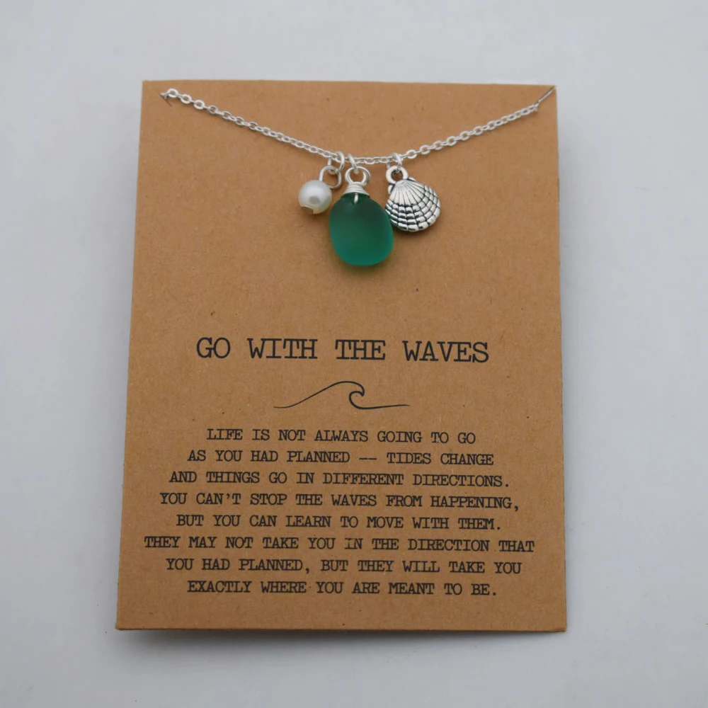 Sanlan Wire wrapped sea glass necklace with cards Beach Lover Gift 4