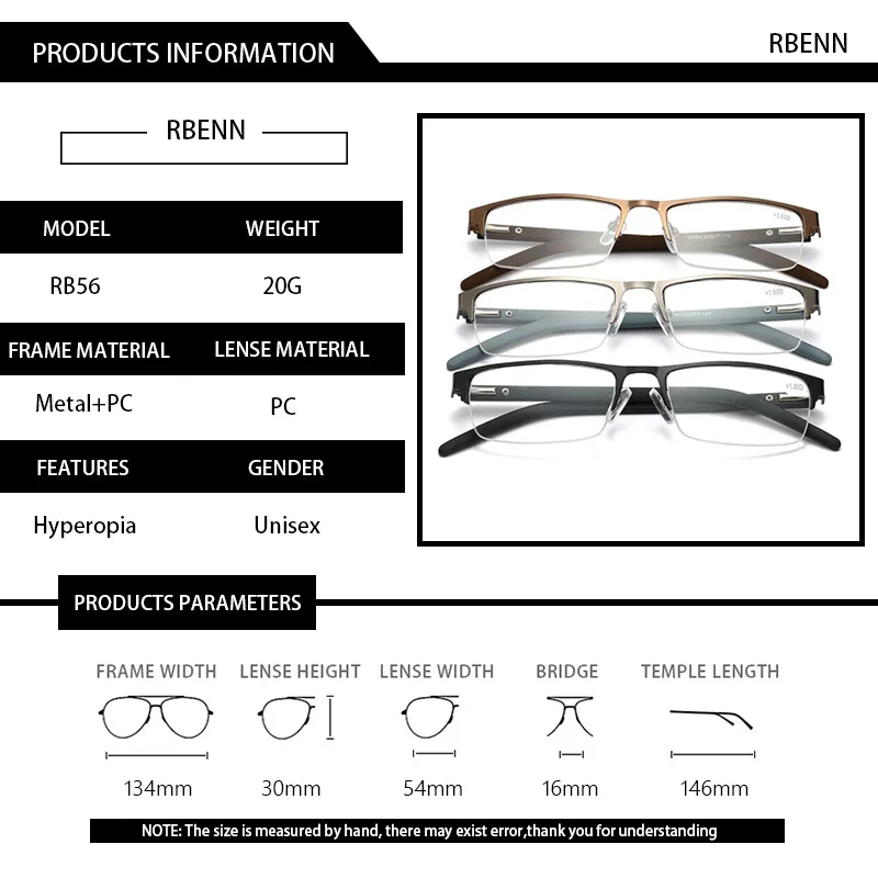 RBENN, мужские очки для чтения в металлической оправе, высокое качество, полуоправы, бизнес очки для чтения при дальнозоркости+ 0,5 0,75 1,25 1,75 2,25 5,0