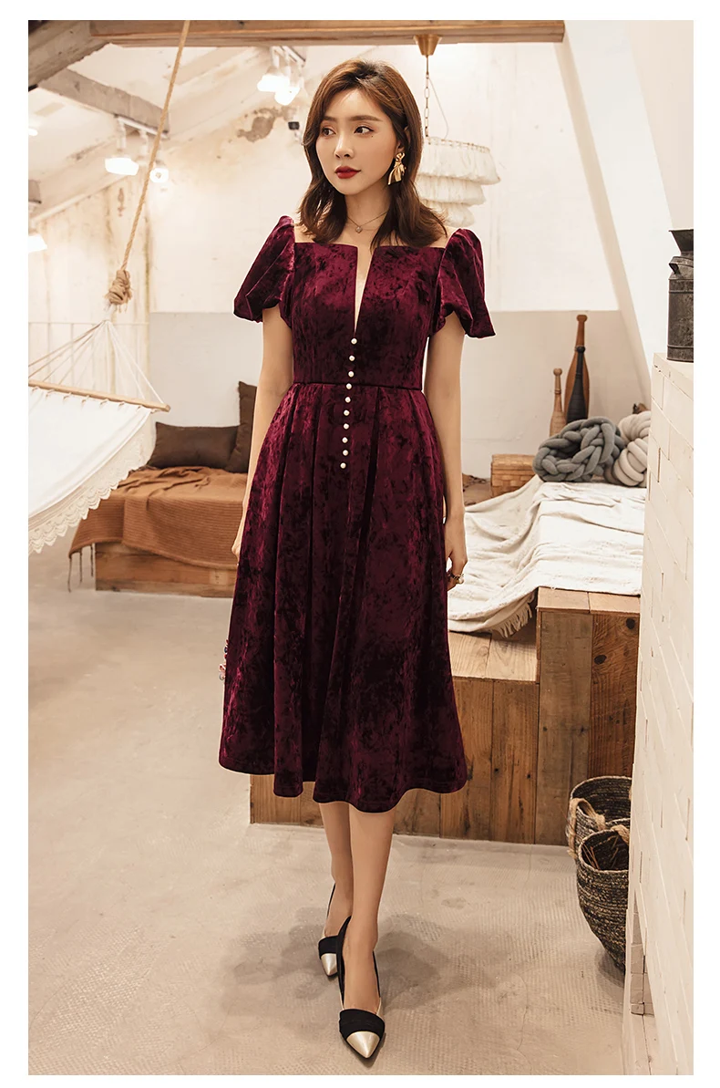 YIGELILA New Arrrivals Deep Wine Dress Solid O-neck Puff Sleeves Vintage Dress Short Sleeves With Button Mid-calf Dress 65336