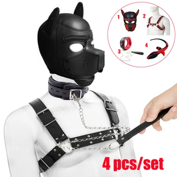 Puppy Play Dog Hood Mask Bdsm Bondage Leather Men's Chest Harness Strap Dog Tail Plug Neck Collar Fetish Dog Role Play Sex Toys 2