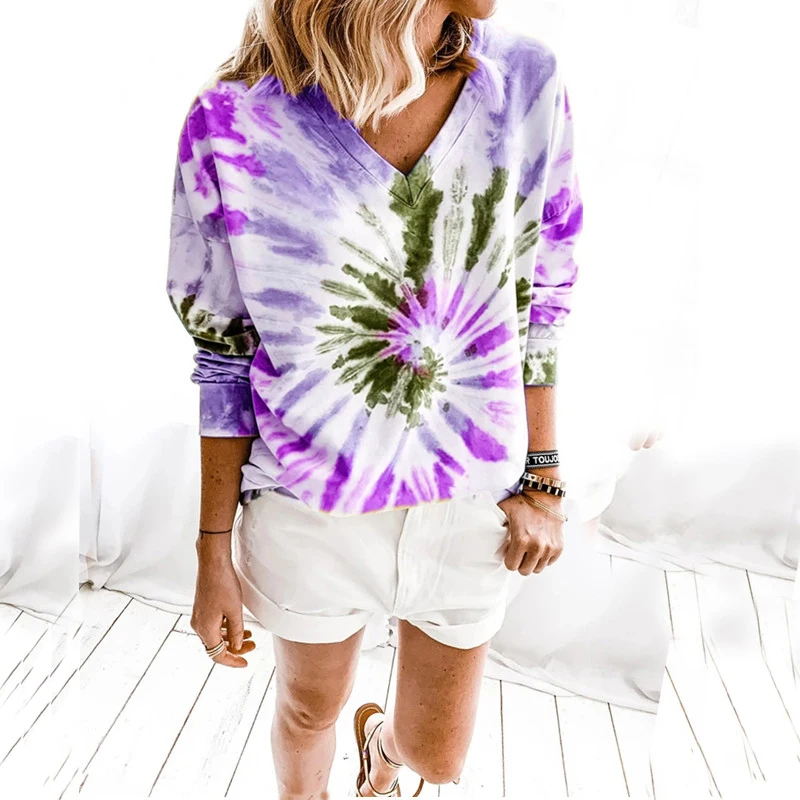 

Autumn Women's Tie Dye T-Shirts Long Sleeve V-Neck Loose Fit Color Block Pullover Tops