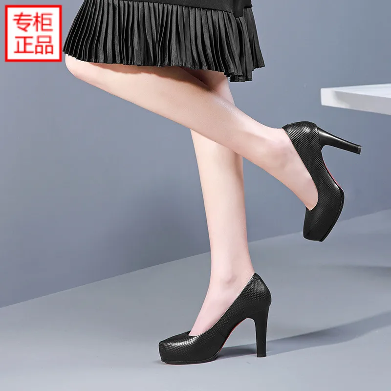 

2019 Spring New Style Genuine Leather Cowhide Europe And America Chunky High Heel Shoes Waterproof Platform Low-Cut Low Top Shoe