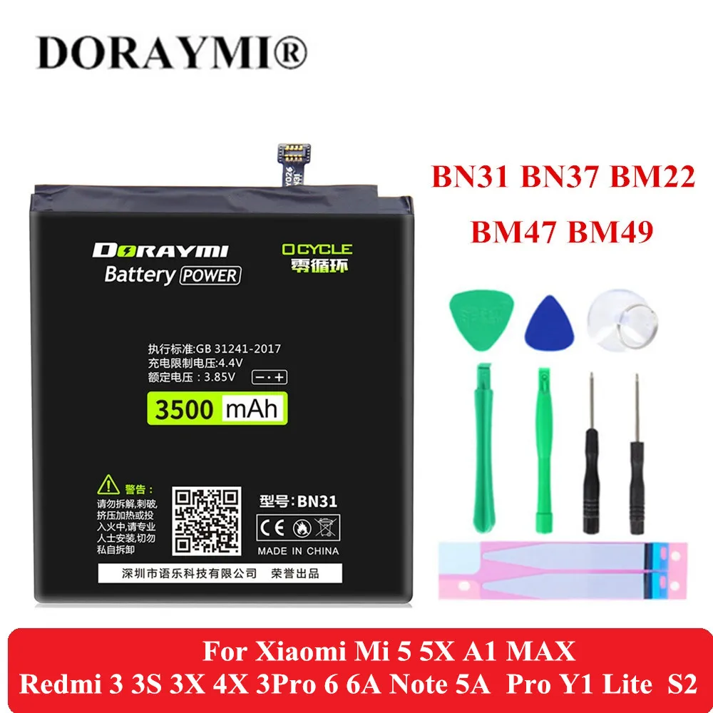 Batteria Doraymi Per Xiaomi Mi 5 5X A1 Max Redmi 3 3S 3X 4X 3Pro 6 6A Note 5A Pro Y1 Lite S2 Bm47 Bm49 Bm22 Bn37 Bn31 Bateria