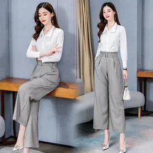 Womens Pants Suits Elegant Office Ladies Work Wear Business Spring Fall Clothes 2 Two Piece Set Long Sleeve Blouse Top Pantsuit