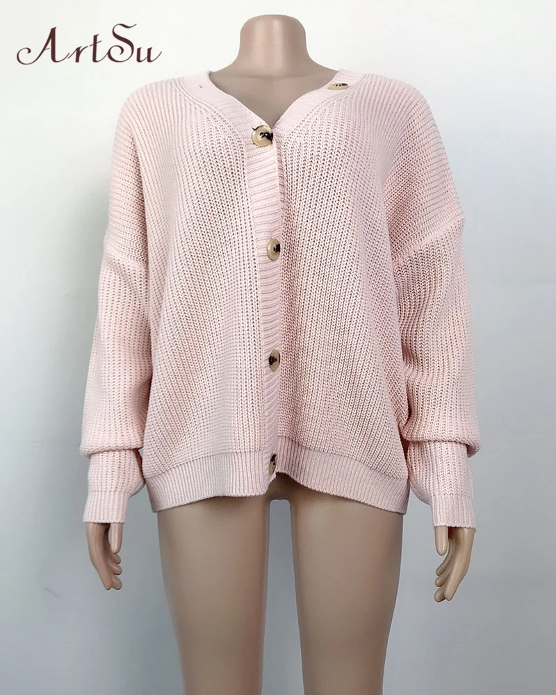 ArtSu Autumn Winter Single Breasted Sweaters Women Loose Pink Sweaters Outwear Knitwear Cardigans Long Sleeve Sweater ASSW60319 - Color: Pink