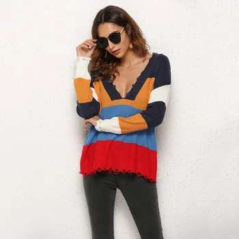 

Spring Autumn 2019 Sexy Woman Deep V-neck Long Sleeve Knitting Sweaters Rainbow Patchwork Fringed Striped Pullovers Ladies Tops