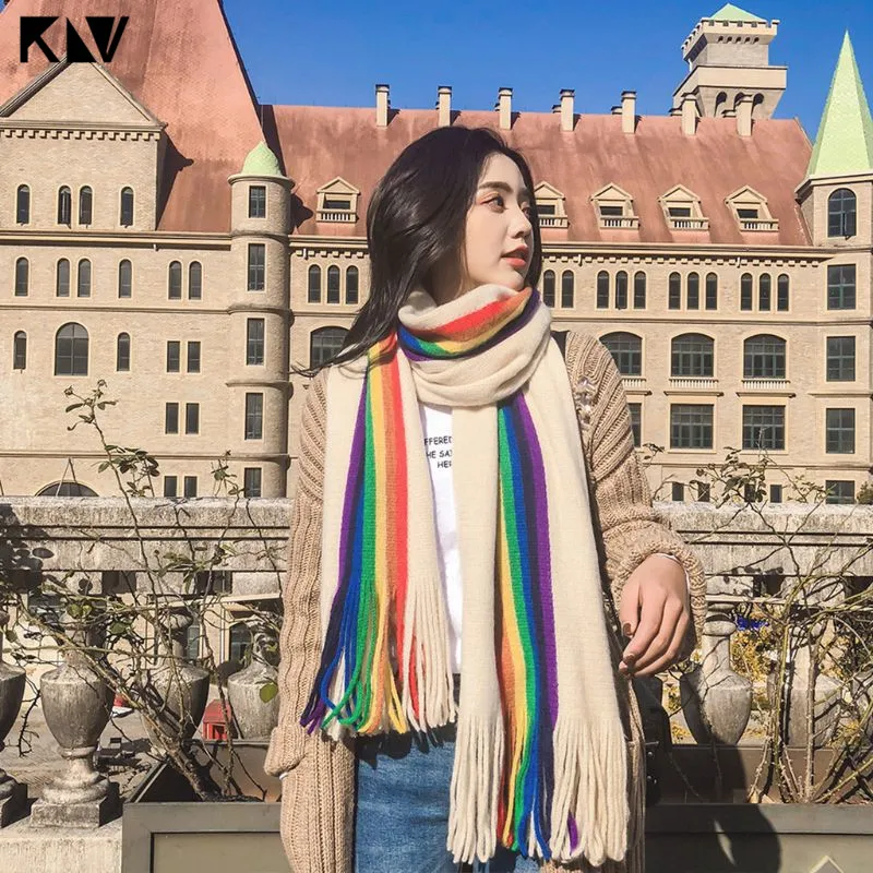 190x40cm Women Girls Pashmina Rainbow Vertical Striped Patchwork Oversized Scarf Shawl with Tassels Winter Warm Blanket Wraps