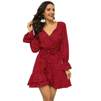 

Sweet Bohemia Summer Polka Dot Dress Women Elegant Lotus Leaf V-neck Long Sleeve Dresses Omighty Casual Floral Clothes