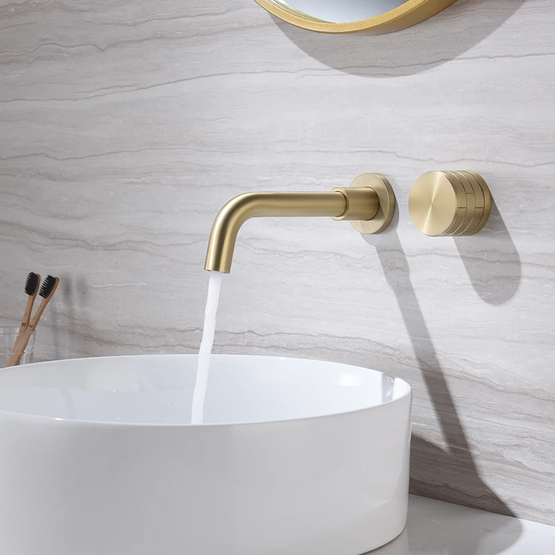 

Luxury Top Quality Brushed gold Brass Bathroom sink faucet Wall Mounted Cold hot water Basin mixer Tap 1 handle High Quality Tap