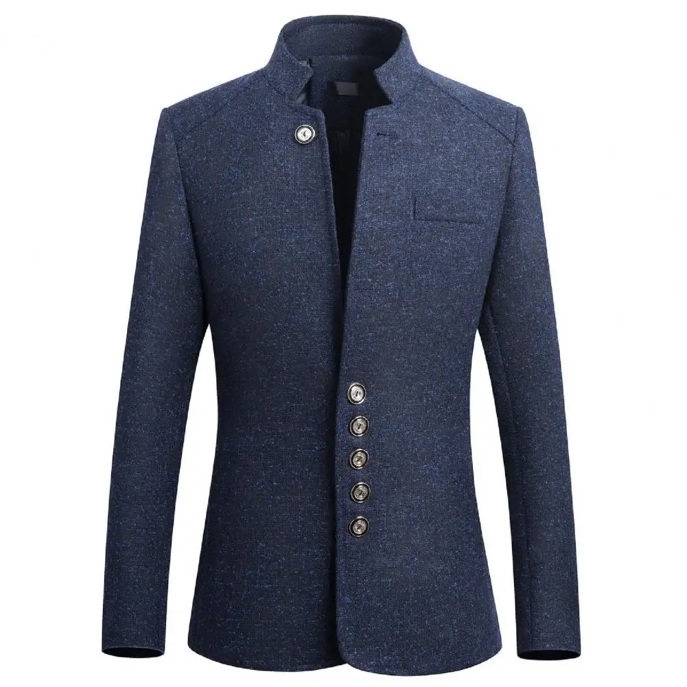 Fashion Men Stand Collar Suit Jacket Slim Single Breasted Business Blazer Coat