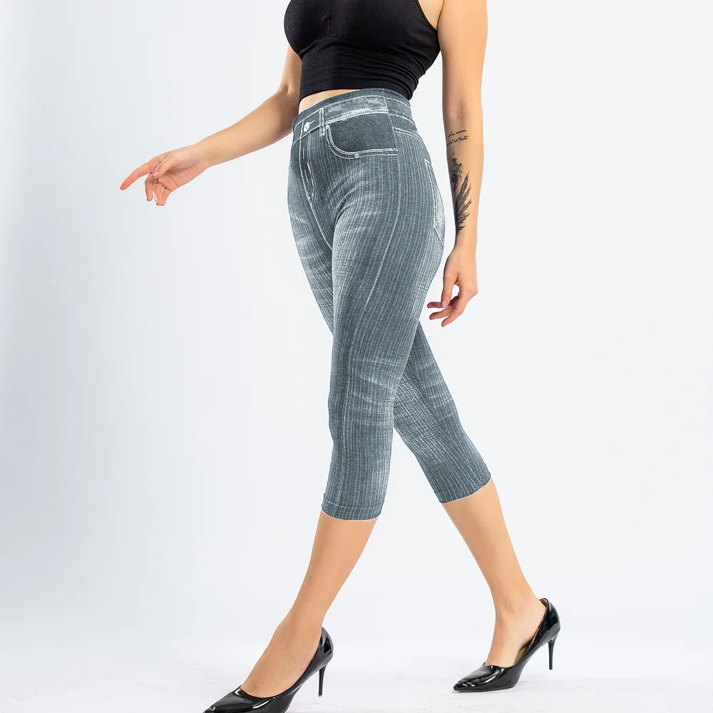 Women Faux Jeans Leggings Slim Stretch Printed Short Leggings High Waist Pants Plus Size Calf-Length Pants Summer Breeches lululemon leggings