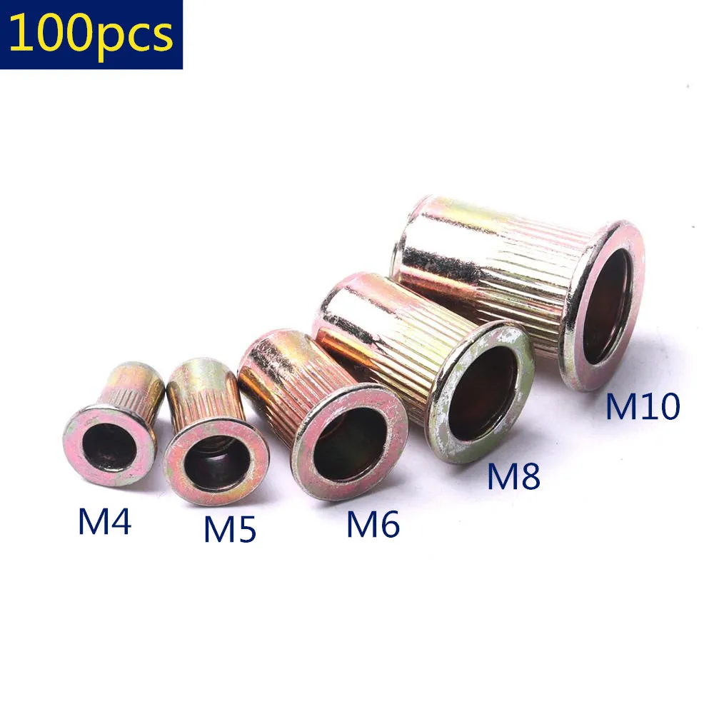 

New 100pcs Rivet Nut Set M4 M5 M6 M8 M10 Zinc Plated Carbon Steel Knurled Nuts Flat Head Threaded Rivet Insert Nutsert Cap Nuts