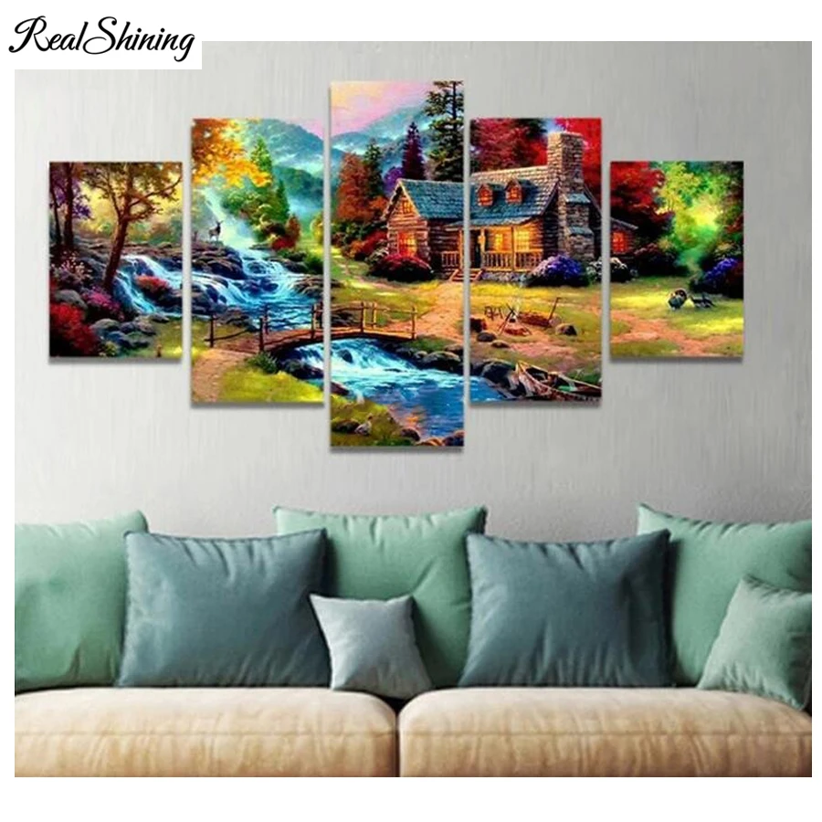 5 pcs Diamond Painting House mountain river villa Mosaic Cross-Stitch Embroidery christmas 5d diamond art Scenery painting_副本99
