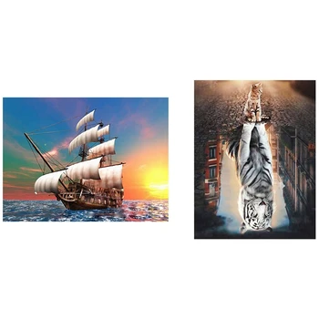 

2 Set 5D DIY Diamond Painting Cross Stitch Diamond Embroidery Home Decoration Boat Scenery & Cats to Tigers