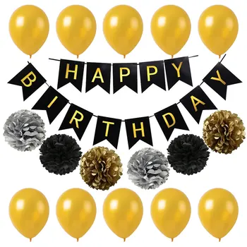 

Black Gold Happy Birthday Latex Balloons Peper Banner Decorations with Pom Poms Paper Flower Ball Gold for Party Supplies