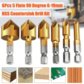 

6pcs Countersink Drill Bit 5 Flutes 1/4" Hex Shank Titanium Coated 90 Degree Wood Chamfer Cutter Set 6/8/9/12/16/19mm