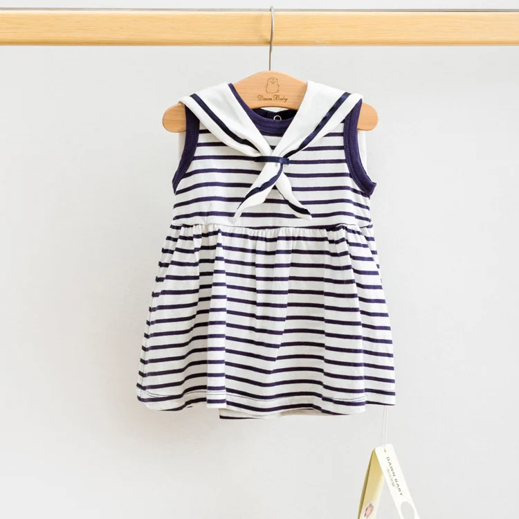 

cotton navy style sailor collar striped sleeveless Newborn baby dress with snaps girl Infant Outfit Net yarn Summer Lace 2020