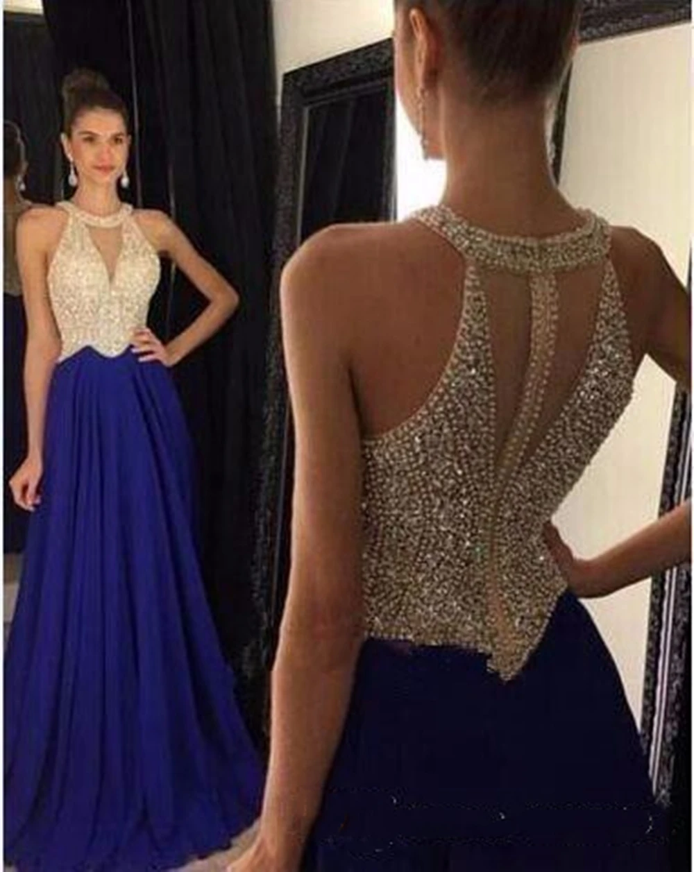 

2019 Scoop Neck Charming Long Prom Dresses Beaded Sleeveless Chiffon Formal Prom Gowns Sweep Train Custom Made Evening Dresses
