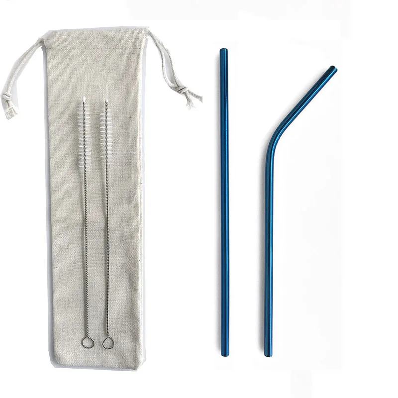 Blue 5Pcs 7 шт многоразовая 215*6 мм металлическая трубочка трубочки для питья 304 нержавеющая сталь Изогнутая прямая соломинка для напитков бар вечерние оптом с мешочком - Цвет: Blue 5Pcs