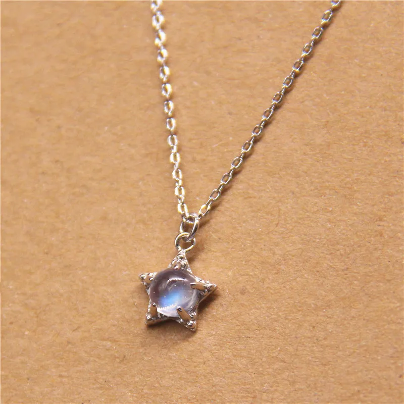 Кулон из натурального лунного камня в форме звезды, цепочка для ключицы, ожерелье из стерлингового серебра S925 пробы, голубой светильник, небольшой кулон для женщин