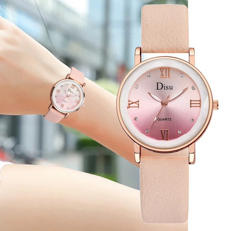 

Simple Trend Gradient Dial Women Watches Elegant Rhinestone Dress Watch Leather Strap Ladies Bracelet Quartz Wristwatches Clock