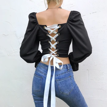 

Sexy Jazz Costume Women Back Strap Collar Shirt Rave Clothes Cropped Tops Puff Sleeves Slim Top Bar Pole Dance Clothing 1506