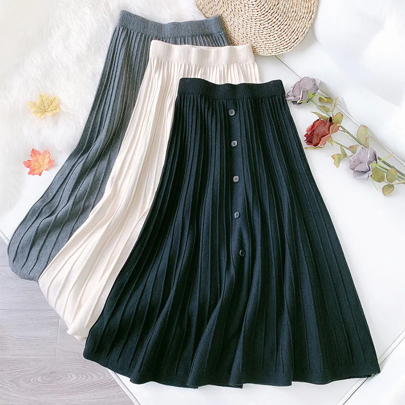 Women's Knitted Single Breasted Long Skirt High Waist A-Line Female Umbrella Skirts 2020 New Autumn Winter Ladies Elegant Bottom | Женская