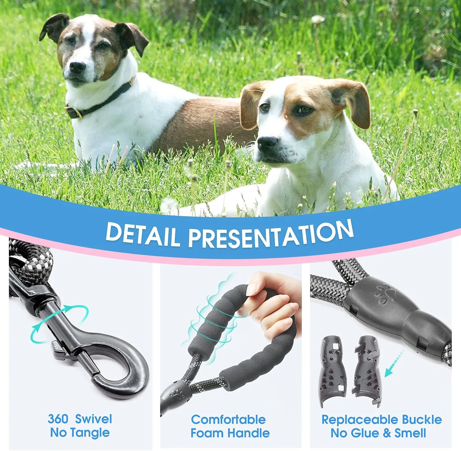CenKinfo Strong Dog Leash ,Comfortable Padded Handle and Highly Reflective Threads Dog Accessories Puppy Supplies