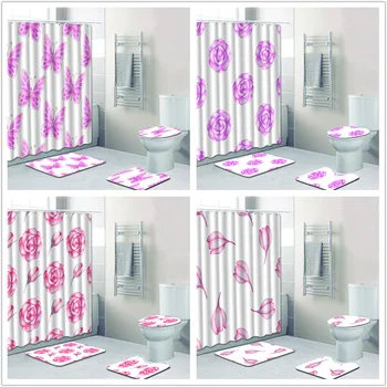 

Simplicity Printing Bathroom Waterproof Shower Curtain Set Pedestal Rug Lid Carpet Toilet Cover Bath Mat Set