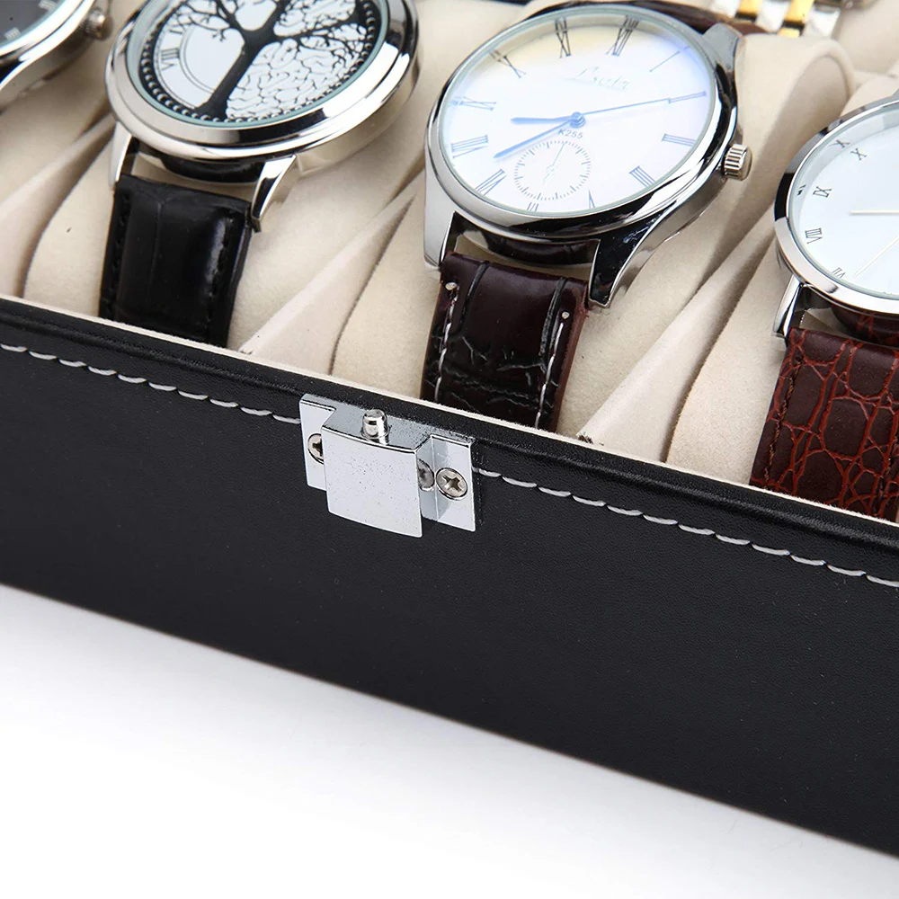 10 12 Slot Watch Box Storage Watch Box PU Leather Watches Display Case Jewelry Boxes Watches Organizer Glass Top Watch Holder