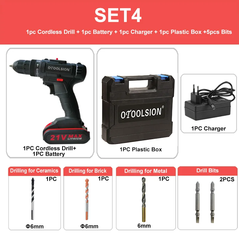 SET4 (1 pc battery) 12V 21V 2Speed Cordless Drill Cordless Screwdrivers Power Tool Set Drill Electric Screwdriver Electric Drill with Free Bits Part - Цвет: SET4 (1 pc battery)