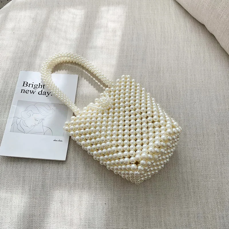 

Handmade Woven Pearl Handbags Women's Bag Beaded Pocket Lady Evening Clutch Cell Phone Crossbody Shoulder Bag female Purse 2019