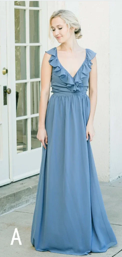 as picture Vestido Madrinha небесно-голубое шифоновое ТРАПЕЦИЕВИДНОЕ длинное платье подружки невесты свадебное платье с v-образным вырезом и рукавами-крылышками vestido de festa - Цвет: as picture