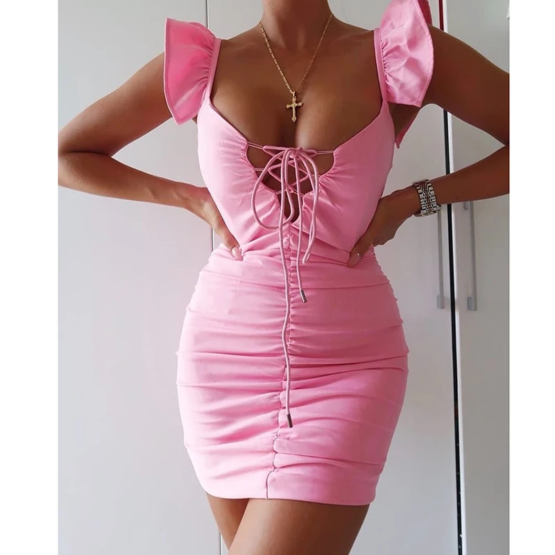 Pink Новинка, белое летнее платье для женщин, с рукавом-бабочкой, с глубоким v-образным вырезом, с вырезами, на шнуровке, с рюшами, сексуальное мини-платье, эластичное, облегающее платье - Цвет: Pink