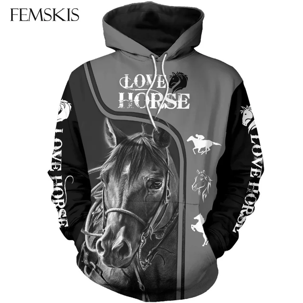 

FEMSKIS Love Horse Forest Hoodies Printed 3D Men Women Sweatshirts Animal Pullover Casual Tracksuits Fashion Hooded Pockets