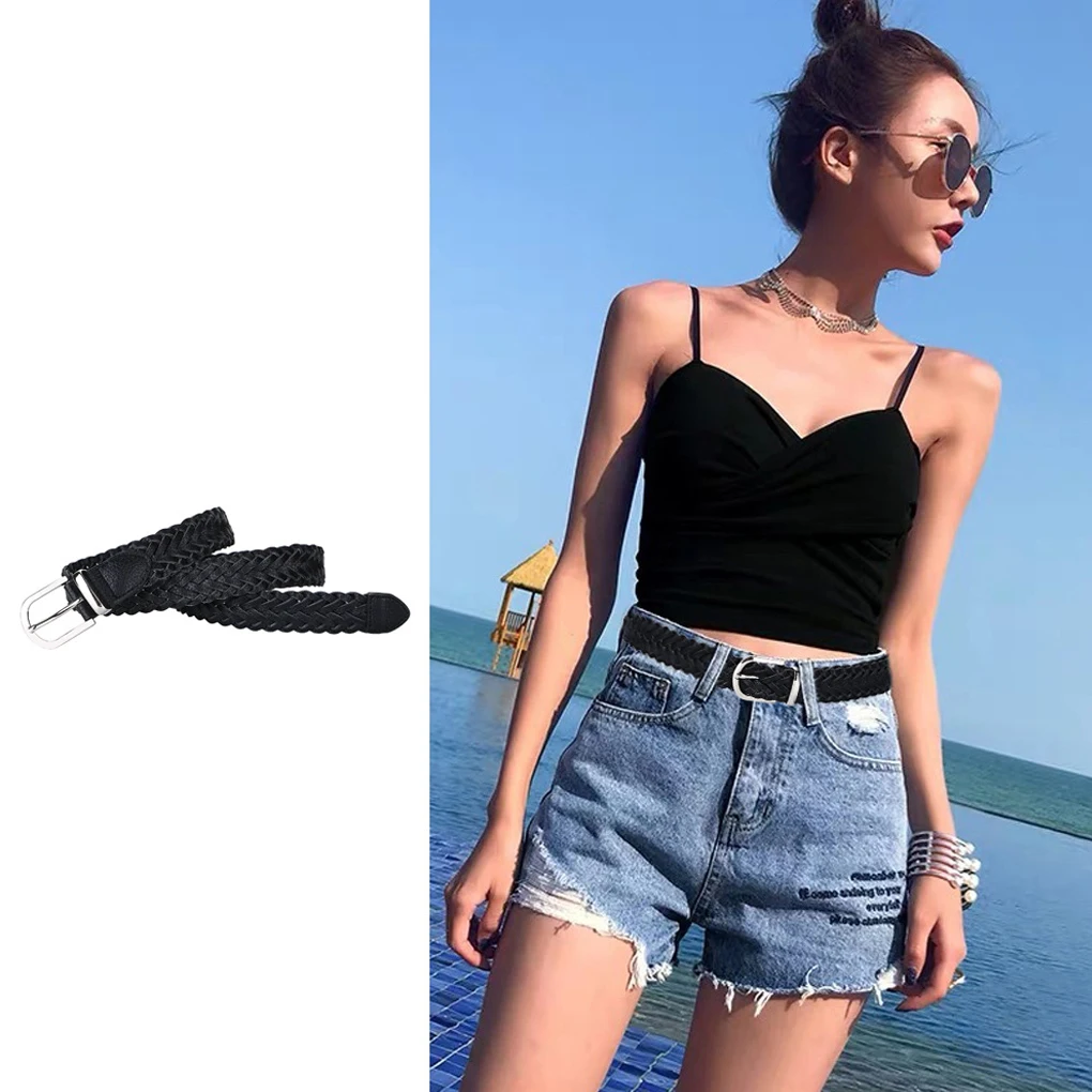 Women Braided Belt Woven PU Belt Metal Pin Oval Buckle Wide Stretch Elastic Thick Waistband for jeans width 3cm