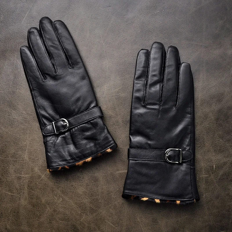 Genuine Leather gloves women fashion leopard belt sheep leather mittens winter velvet thick warm cycling driving gloves H11