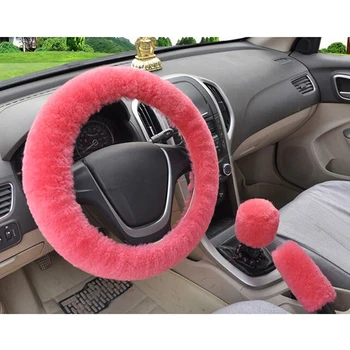 

1set Winter pink soft warm plush wool car steering wheel cover handbrake covers Stop Lever Cover Automotive Interior Accessories