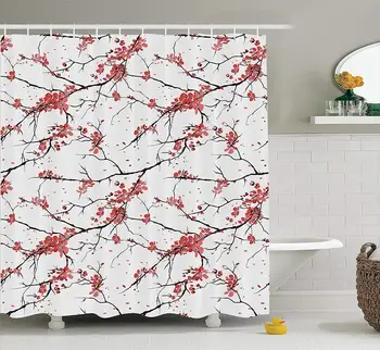 

Shower Curtain,Illustrations of Cherry Branches Design Curtain Polyester Waterproof Fabric with 12 Hooks,ches