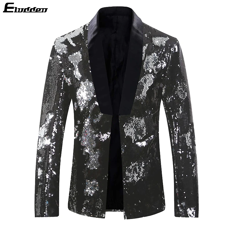 Black-Silver Роскошный Королевский костюм, платье с блестками, блейзер для мужчин, для ночного клуба, для сцены, с воротником-шалью, мужской пиджак, для свадебной вечеринки, для сцены, Блейзер, Masculino - Цвет: Black-Silver