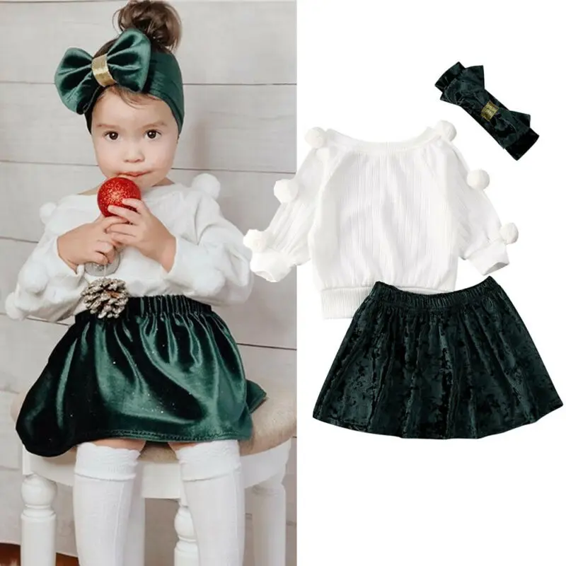 

2020 Toddler Kids Baby Girls Clothes Sets 1-6Y Pompom Outfits Balls Long Sleeve Sweater Tops Velvet Skirts Headband