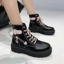 Novo estilo universitário martin botas femininas outono 2021 menina amor dedo do pé redondo rendas-up botas curtas y2k estética goth punk plataforma sapatos