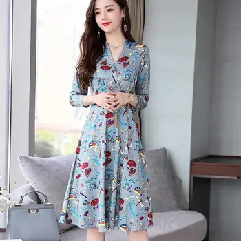 

Fashion Women Flower Autumn V Neck Long Sleeve Tight Waist Party Midi Dress