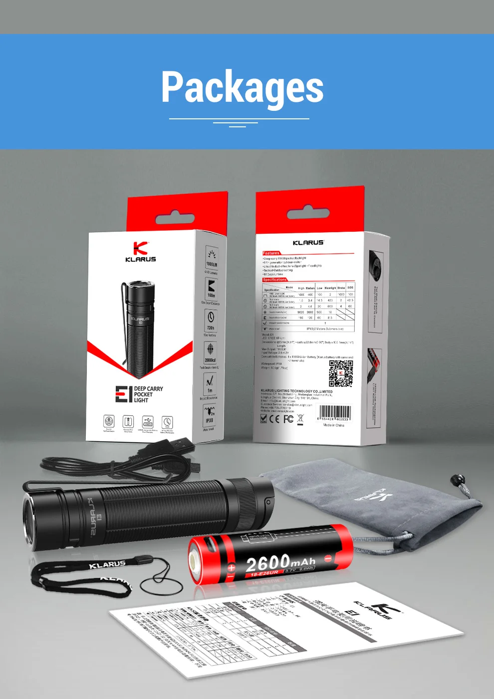 Klarus E1 1000 LM Pocket Flashlight-Dual Switch w//USB Rechargeable 18650 Battery