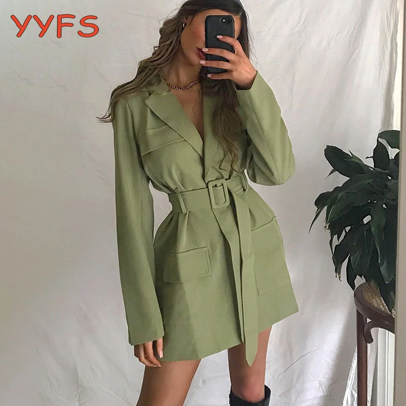 Gabardina verde con cuello en V para mujer, abrigo informal con cinturón, ropa de calle, Tops sexys 2020
