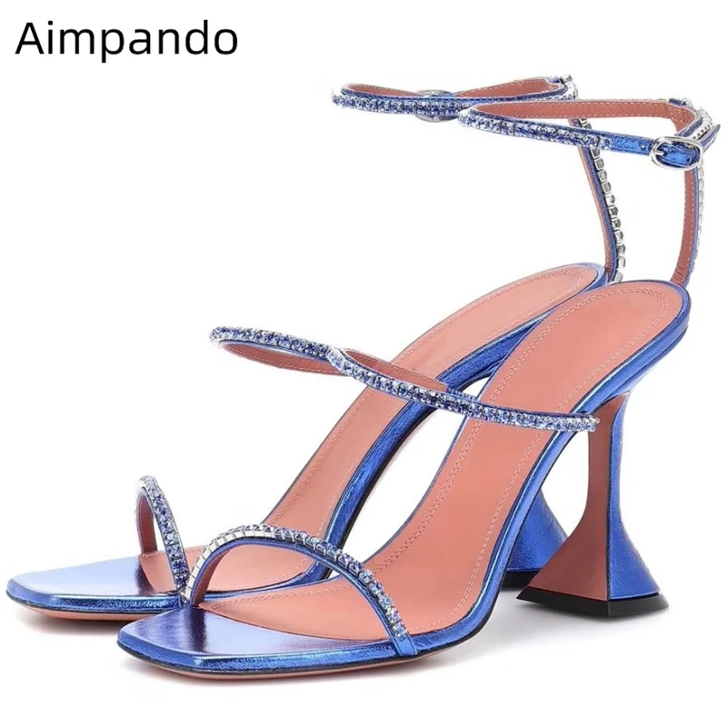 

2020 Sexy Summer 3-straps Gladiator Sandals Women Concise Crystal Rhinestone Strap Goblet Heel Party Shoes Woman Plus Big Size
