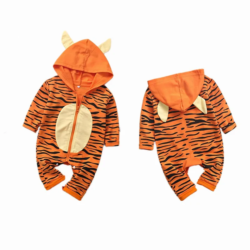Baby Boy Long Rompers Cotton Autumn New Longsleeve Hooded One-piece Sweatshirt Zipper Front Open Tiger Hoodies Jumpsuit Outfits |