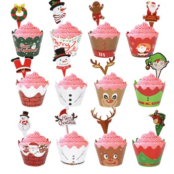 

24pcs Christmas cupcake wrapper topper xmas merry Christmas decorations for home cake baking navidad natal gift cupcake toppers