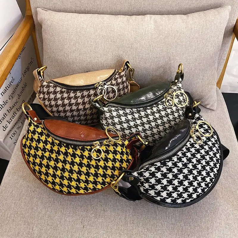 

Women Plaid PU Leather Woolen Chest Packs Fashion Fanny Belt Waist Bags Splicing Color Classic Messenger Shoulder Bag